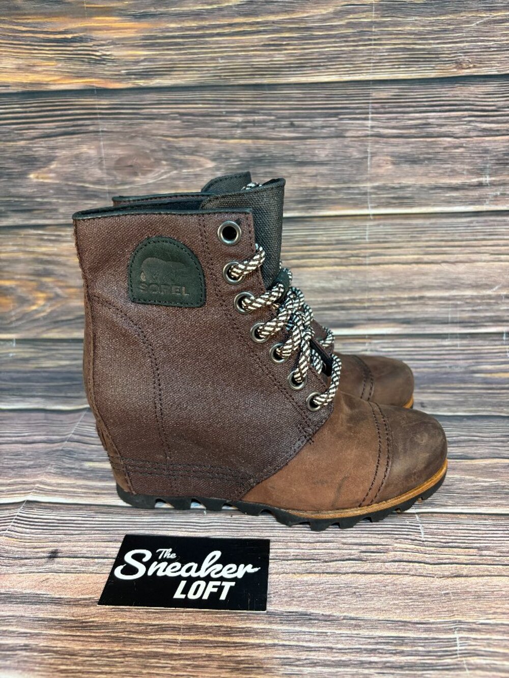 Sorel Lexie Wedge Boots Women's Brown‎ Leather Canvas Size 6
